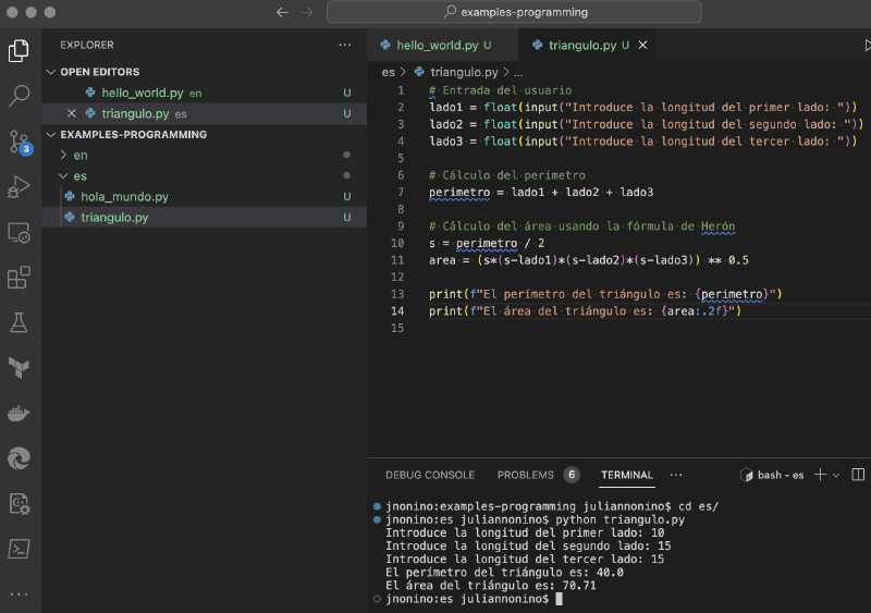 Ejecución del programa Triangulo